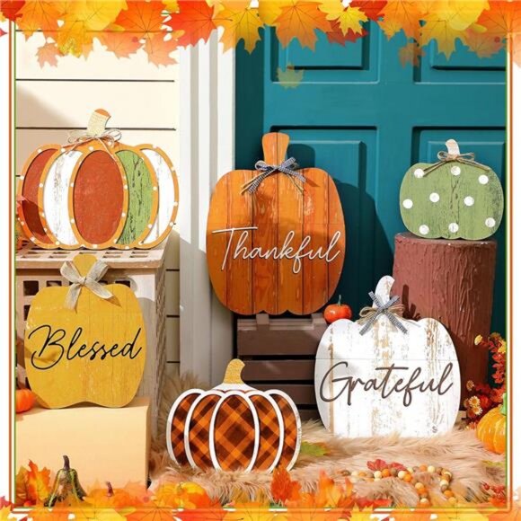 Set of 6 Farmhouse Outdoor Fall Decoration for Home Pumpkin Fall Porch Signs - Picture 5 of 7